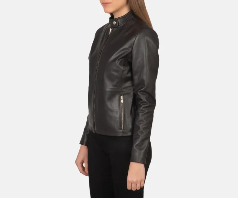 Rave Brown Leather Biker Jacket Luxury Women's Biker Jacket — Three-Quarter Editorial Perspective