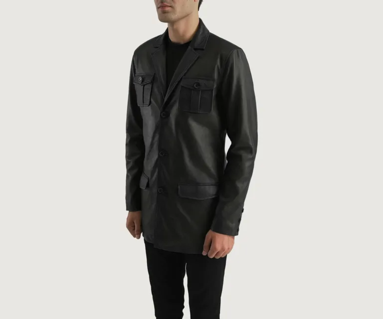 Ray Cutler Black Leather Blazer — Quarter Angle Profile & Contoured Sleeve Detail