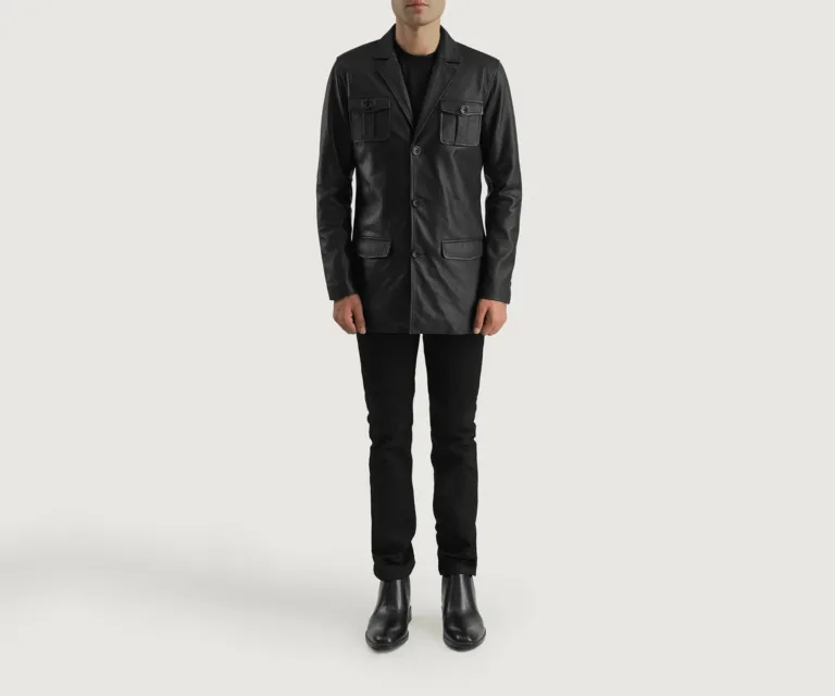 Ray Cutler Black Leather Blazer — Front Lapel Closure & Button Detail