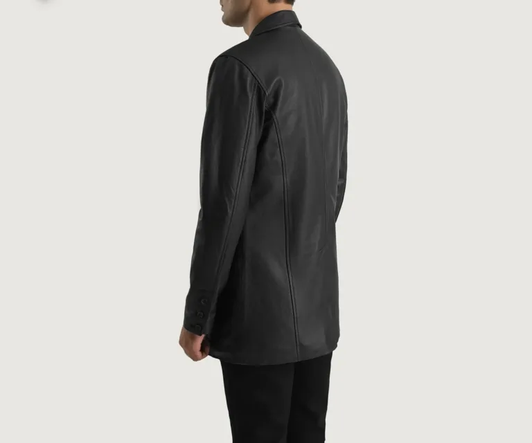 Ray Cutler Black Leather Blazer — Macro Detail Leather Grain, Stitching & Buttons