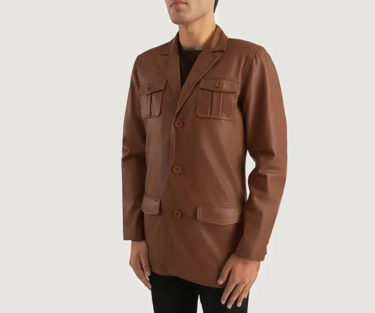 Ray Cutler Brown Leather Blazer — Quarter Angle Profile & Contoured Sleeve Detail