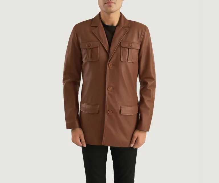 Ray Cutler Brown Leather Blazer — Rear Back View & Tailored Vent Hemline