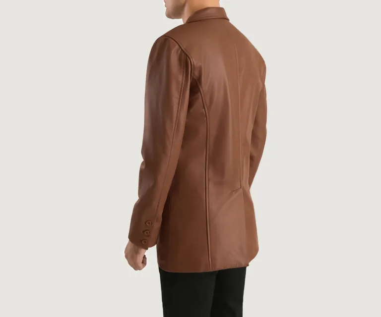Ray Cutler Brown Leather Blazer — Macro Detail Leather Grain, Stitching & Buttons