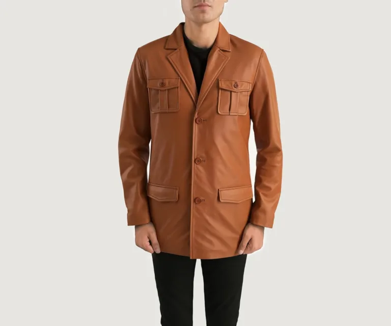 Ray Cutler Tan Brown Leather Blazer — Front Open Hero Presentation