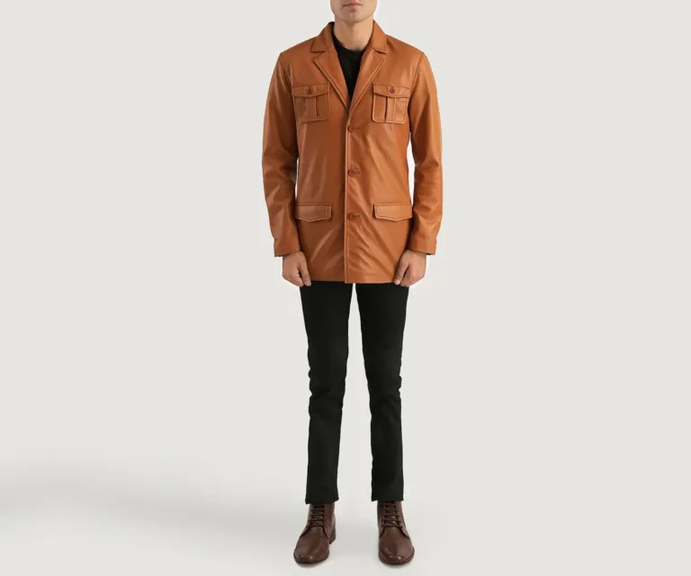 Ray Cutler Tan Brown Leather Blazer — Front Lapel Closure & Button Detail
