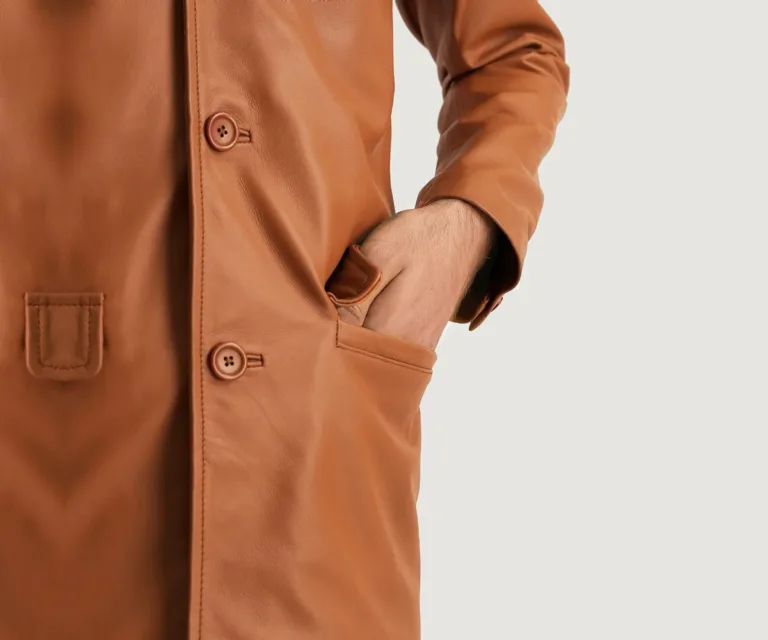 Ray Cutler Tan Brown Leather Blazer — Rear Back View & Tailored Vent Hemline