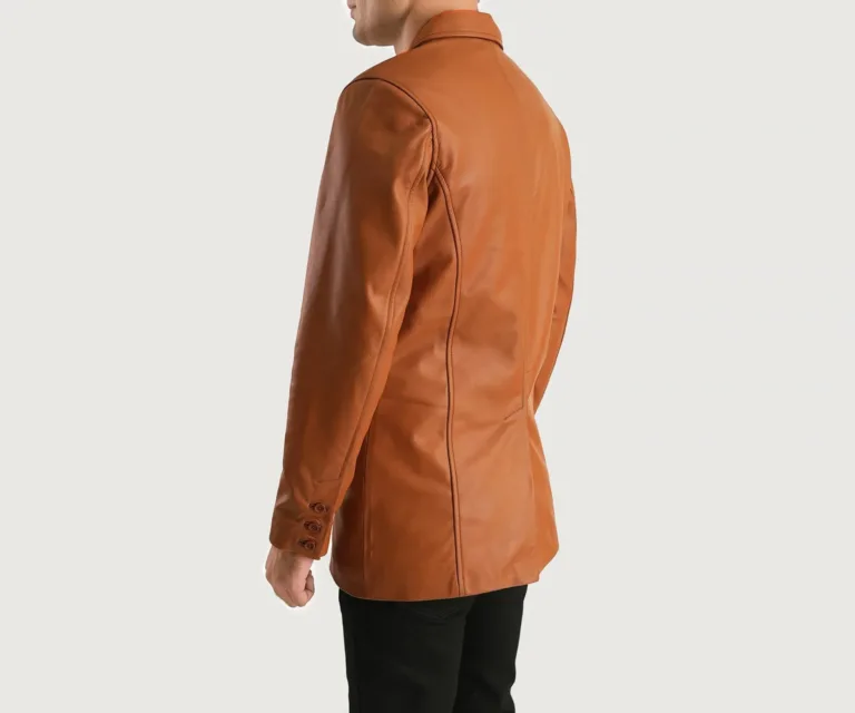 Ray Cutler Tan Brown Leather Blazer — Macro Detail Leather Grain, Stitching & Buttons