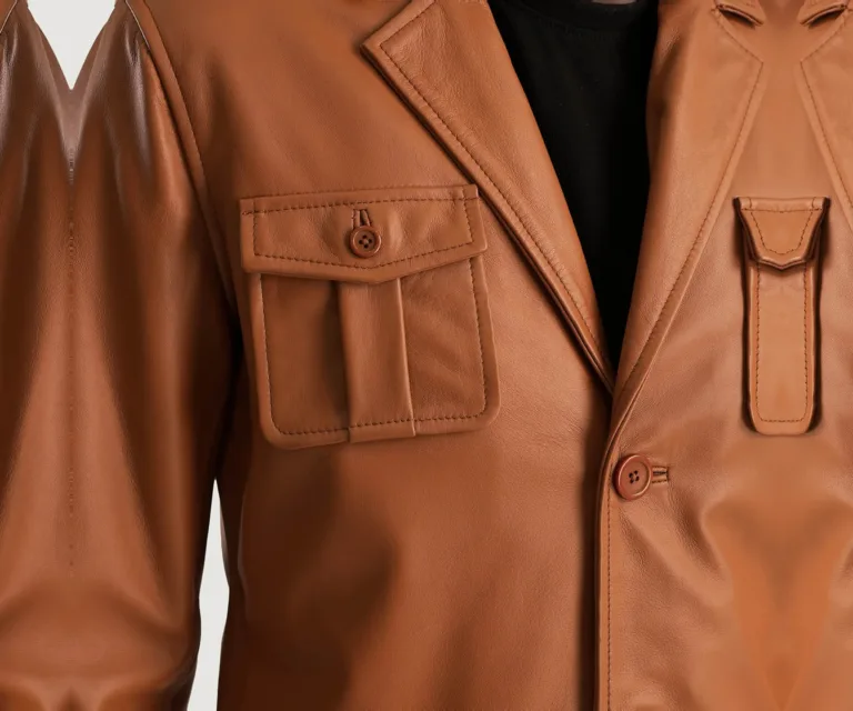 Ray Cutler Tan Brown Leather Blazer — Full-Length Model Editorial Presentation