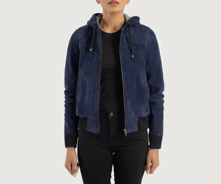 Rebella Blue Hooded Suede Bomber Jacket Luxury Women's Outerwear — Front Silhouette Hero Presentation