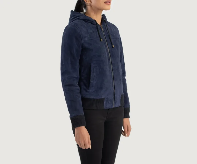 Rebella Blue Hooded Suede Bomber Jacket Luxury Women's Outerwear — Three-Quarter Editorial Perspective