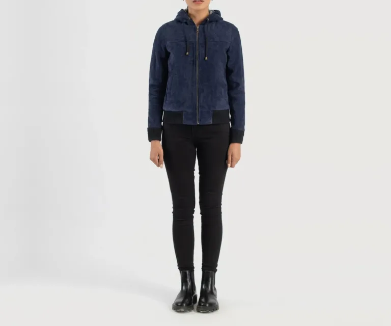 Rebella Blue Hooded Suede Bomber Jacket Luxury Women's Outerwear — Collar & Ribbed Trim Architecture