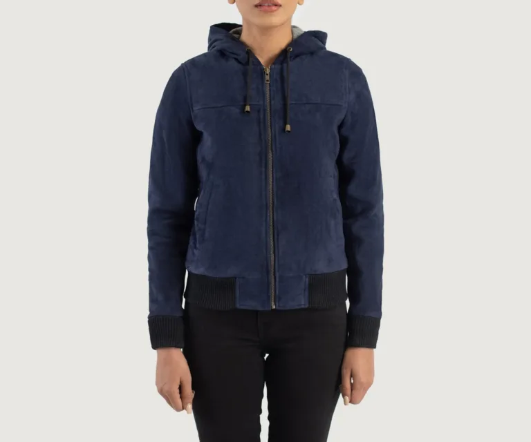 Rebella Blue Hooded Suede Bomber Jacket Luxury Women's Outerwear — Rear Profile & Tailored Seaming