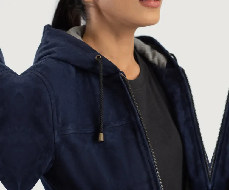Rebella Blue Hooded Suede Bomber Jacket Luxury Women's Outerwear — Full-Length Silhouette & Drape