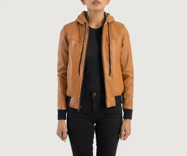 Rebella Brown Hooded Leather Bomber Jacket Luxury Women's Outerwear — Front Silhouette Hero Presentation