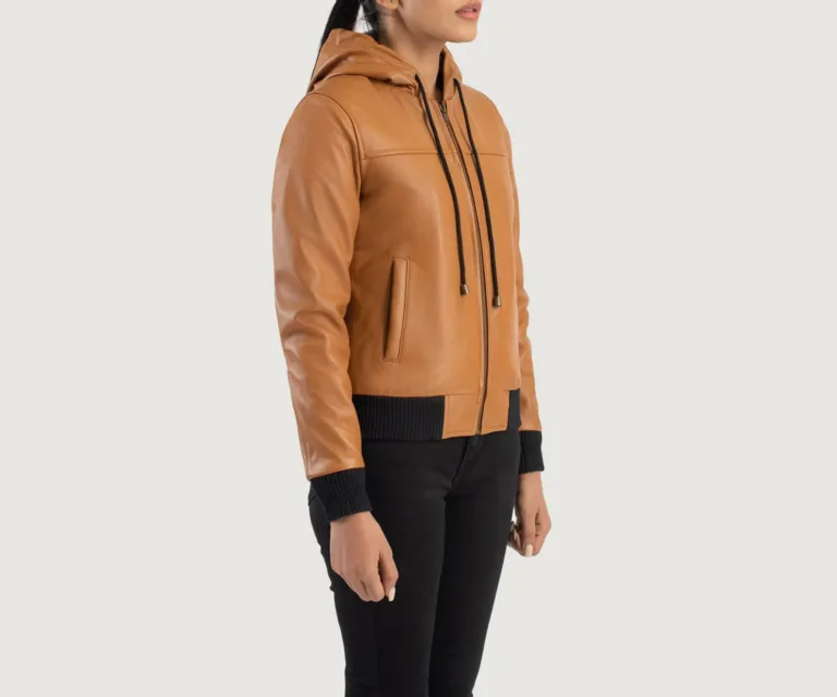 Rebella Brown Hooded Leather Bomber Jacket Luxury Women's Outerwear — Three-Quarter Editorial Perspective