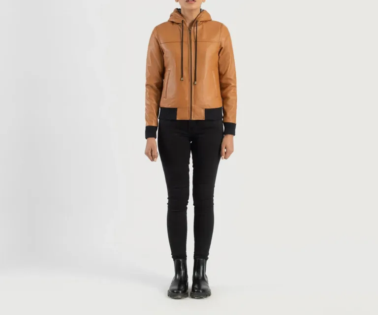 Rebella Brown Hooded Leather Bomber Jacket Luxury Women's Outerwear — Collar & Ribbed Trim Architecture