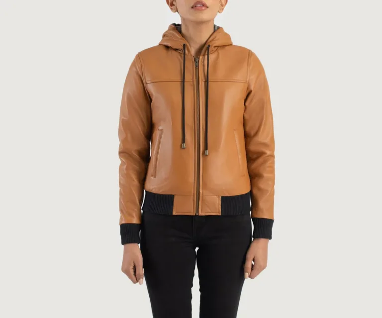 Rebella Brown Hooded Leather Bomber Jacket Luxury Women's Outerwear — Rear Profile & Tailored Seaming