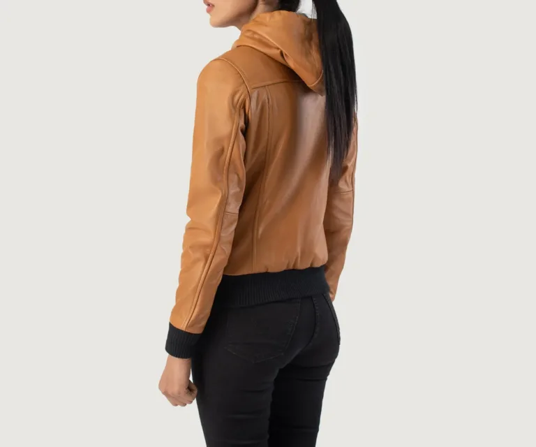 Rebella Brown Hooded Leather Bomber Jacket Luxury Women's Outerwear — Macro Hardware & Leather Grain