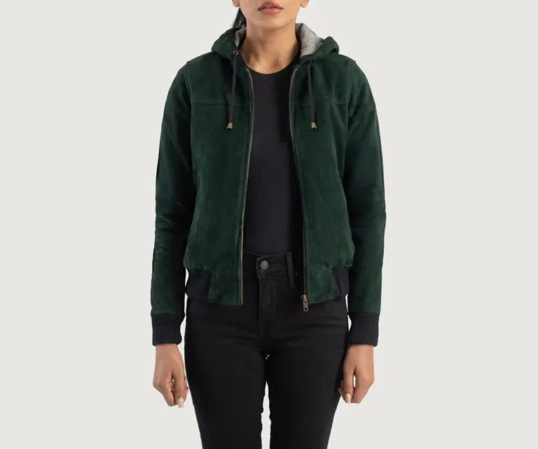Rebella Green Hooded Suede Bomber Jacket Luxury Women's Outerwear — Front Silhouette Hero Presentation