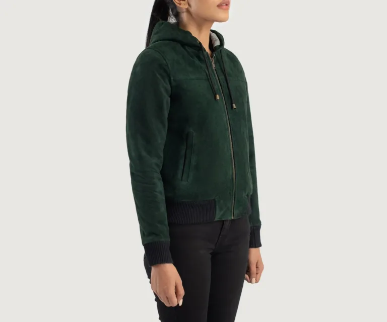 Rebella Green Hooded Suede Bomber Jacket Luxury Women's Outerwear — Three-Quarter Editorial Perspective