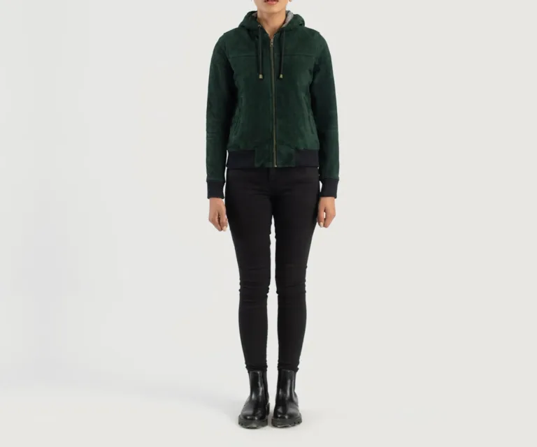 Rebella Green Hooded Suede Bomber Jacket Luxury Women's Outerwear — Collar & Ribbed Trim Architecture