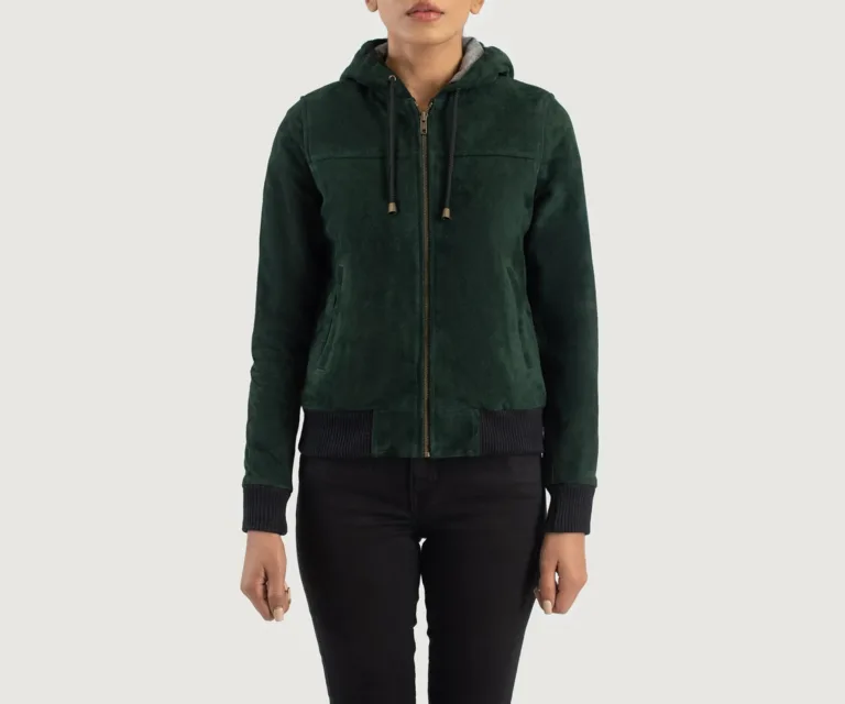Rebella Green Hooded Suede Bomber Jacket Luxury Women's Outerwear — Rear Profile & Tailored Seaming