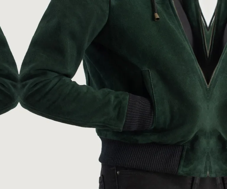Rebella Green Hooded Suede Bomber Jacket Luxury Women's Outerwear — Full-Length Silhouette & Drape