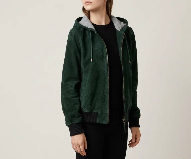 Rebella Green Hooded Suede Bomber Jacket 3/4 Profile 1080x900