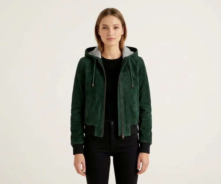 Rebella Green Hooded Suede Bomber Jacket Front View 1080x900