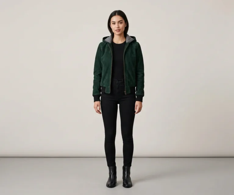 Rebella Green Hooded Suede Bomber Jacket Lifestyle Studio 1080x900