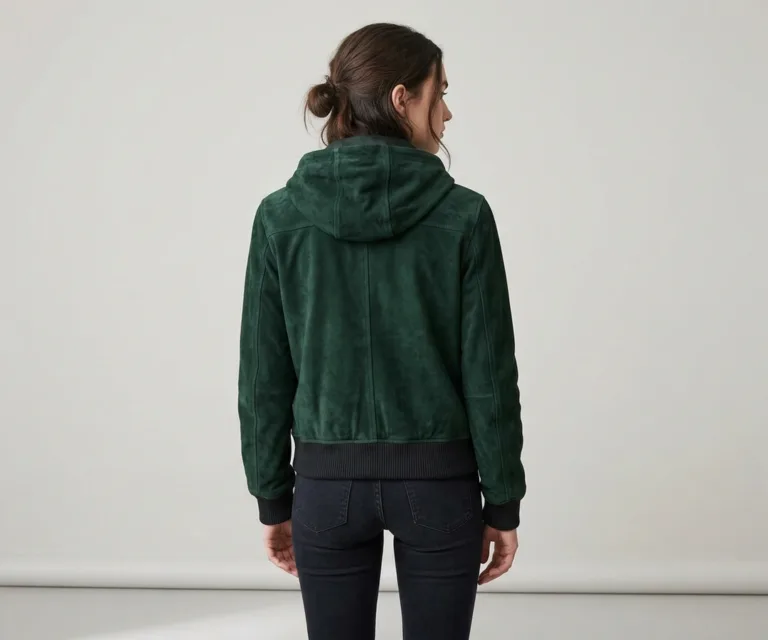 Rebella Green Hooded Suede Bomber Jacket Rear Back View 1080x900