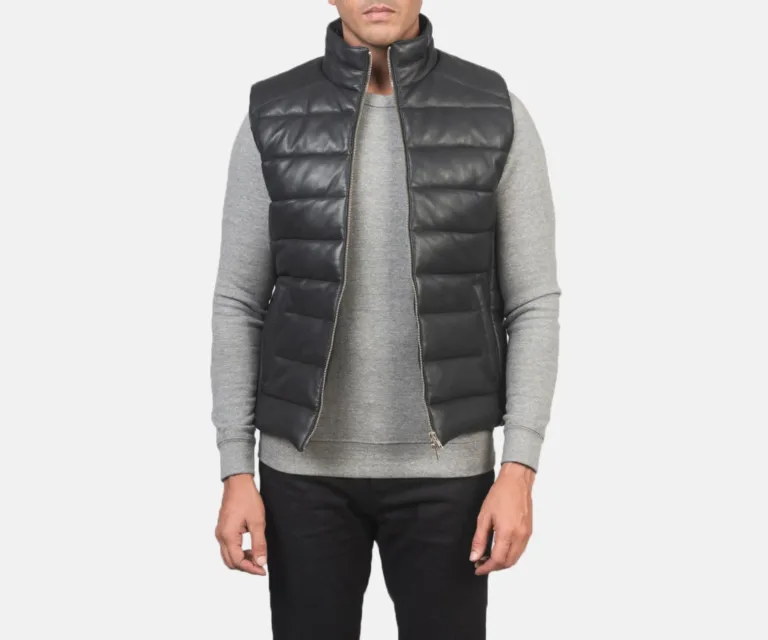 Reeves Black Leather Puffer Vest — Front Open Hero Presentation