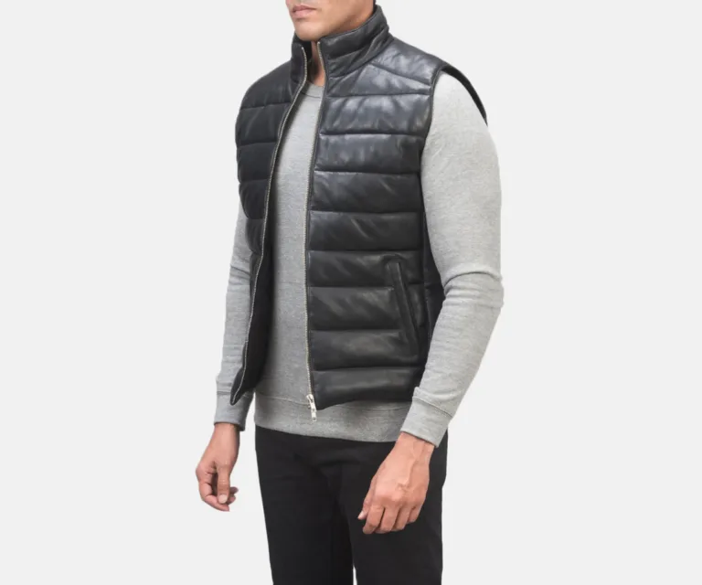 Reeves Black Leather Puffer Vest — Quarter Angle Profile & Armhole Detail