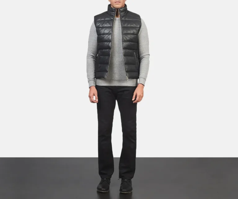 Reeves Black Leather Puffer Vest — Front Placket Closure & Collar Detail
