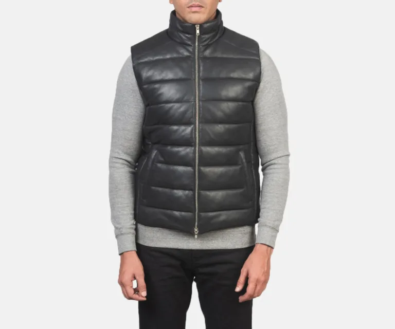 Reeves Black Leather Puffer Vest — Rear Back View & Clean Tailored Hemline