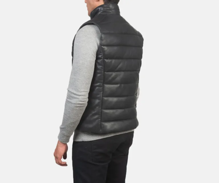 Reeves Black Leather Puffer Vest — Macro Detail Leather Grain, Stitching & Hardware