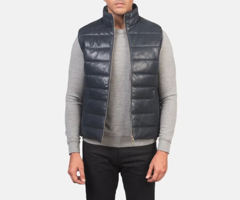 Reeves Blue Leather Puffer Vest — Front Open Hero Presentation