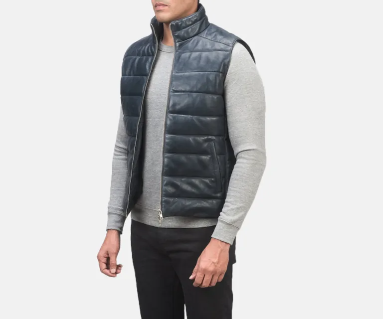 Reeves Blue Leather Puffer Vest — Quarter Angle Profile & Armhole Detail