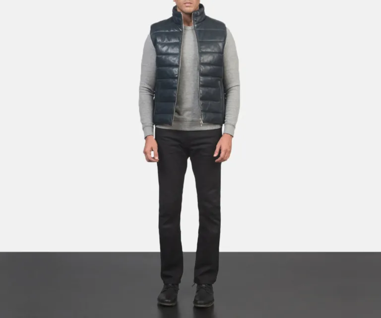 Reeves Blue Leather Puffer Vest — Front Placket Closure & Collar Detail