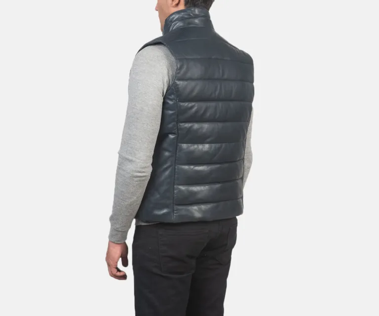 Reeves Blue Leather Puffer Vest — Macro Detail Leather Grain, Stitching & Hardware