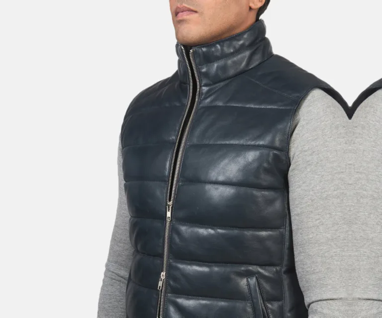 Reeves Blue Leather Puffer Vest — Full-Length Model Editorial Presentation