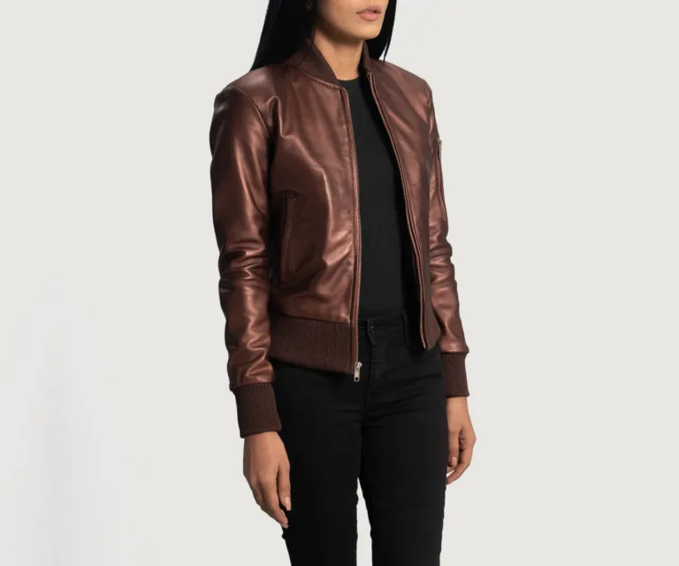 Reida Maroon Leather Bomber Jacket Luxury Women's Outerwear — Collar & Ribbed Trim Architecture