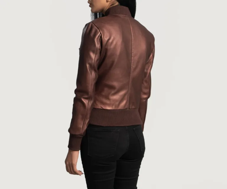 Reida Maroon Leather Bomber Jacket Luxury Women's Outerwear — Macro Hardware & Leather Grain