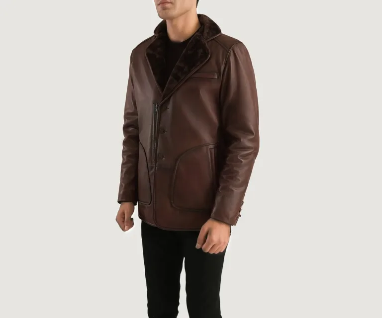 Rocky Brown Fur Leather Coat — Quarter Angle Profile & Contoured Sleeve Detail