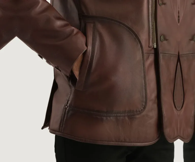 Rocky Brown Fur Leather Coat — Front Collar Fur & Buckle Detail