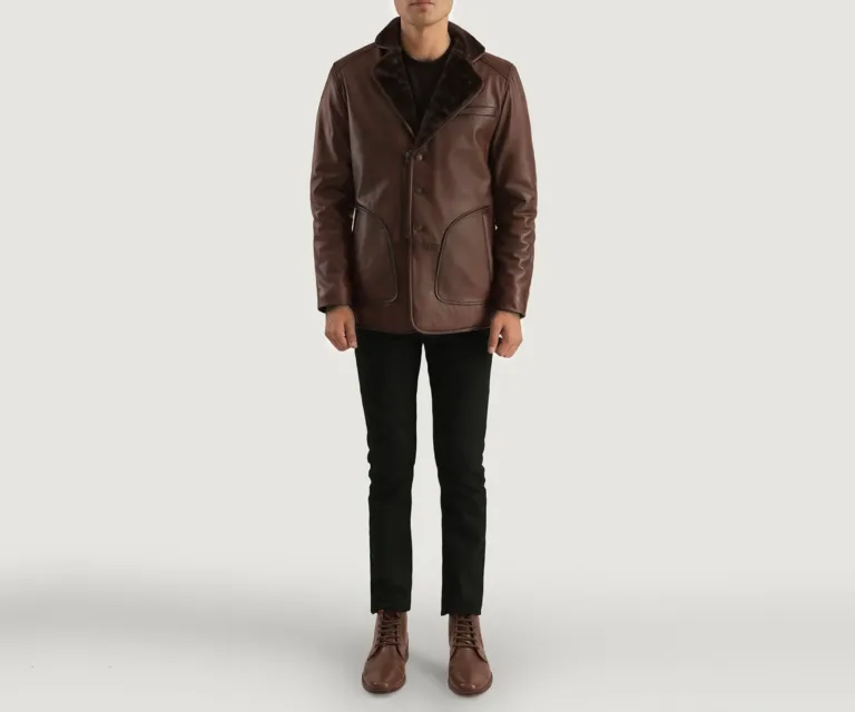 Rocky Brown Fur Leather Coat — Rear Back View & Tailored Vent Hemline