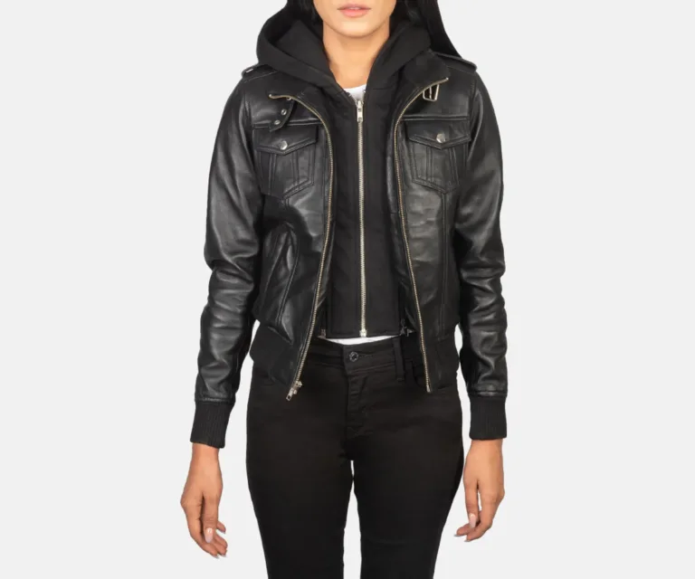 Roslyn Black Hooded Leather Bomber Jacket Luxury Women's Outerwear — Front Silhouette Hero Presentation