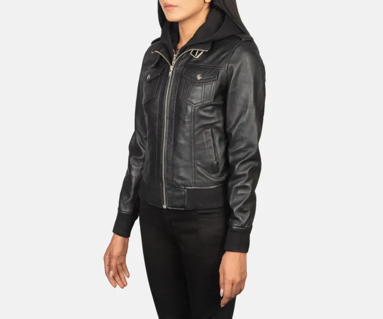 Roslyn Black Hooded Leather Bomber Jacket Luxury Women's Outerwear — Three-Quarter Editorial Perspective