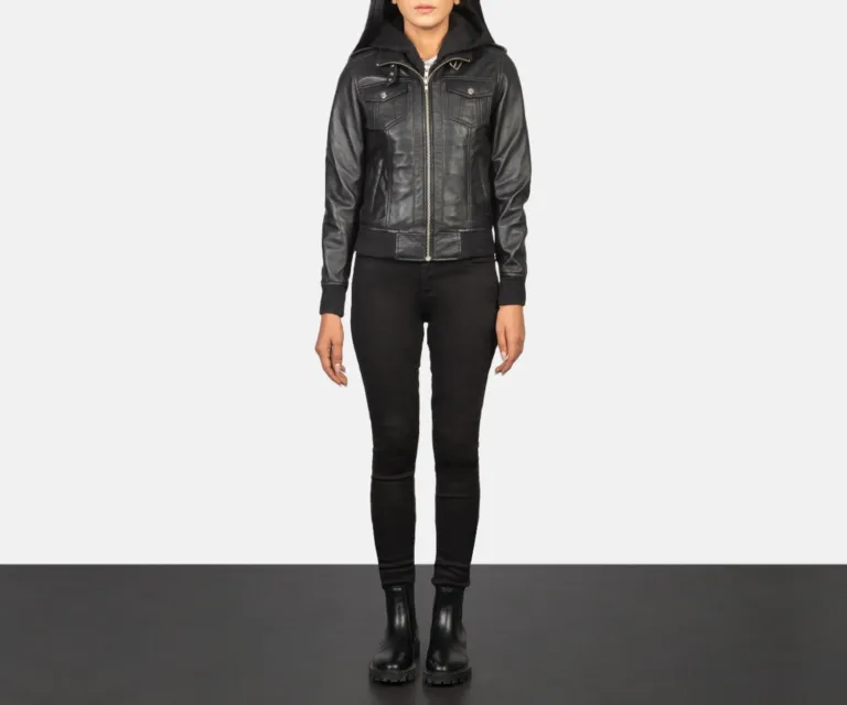 Roslyn Black Hooded Leather Bomber Jacket Luxury Women's Outerwear — Collar & Ribbed Trim Architecture