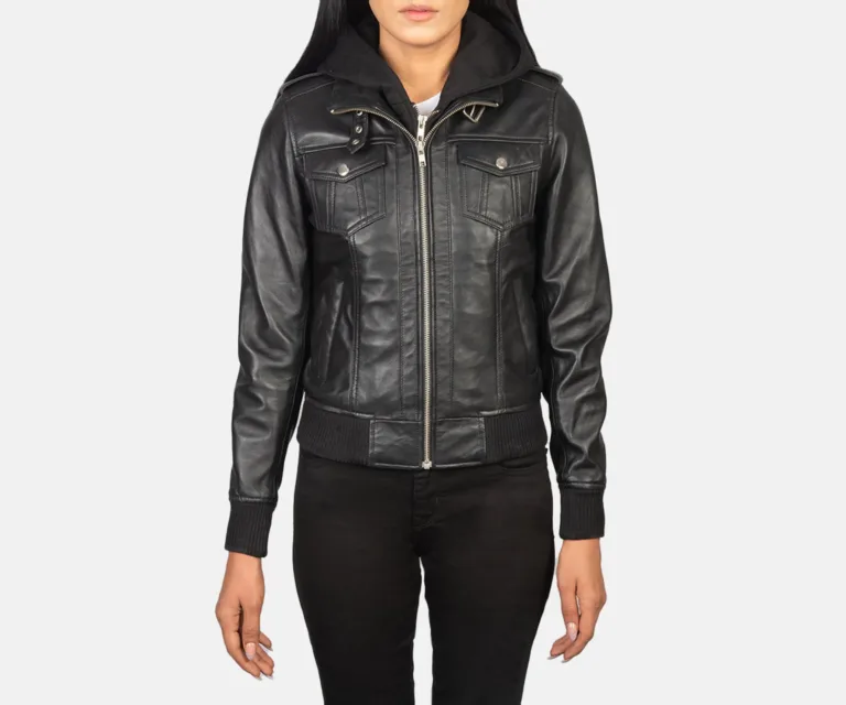Roslyn Black Hooded Leather Bomber Jacket Luxury Women's Outerwear — Rear Profile & Tailored Seaming